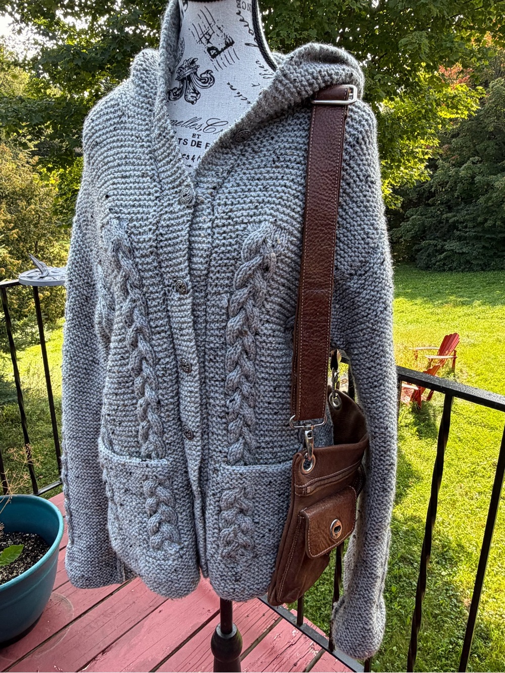 Women's Handmade Grey Chunky Cable-Knit Hooded Button Cardigan Jacket Pockets